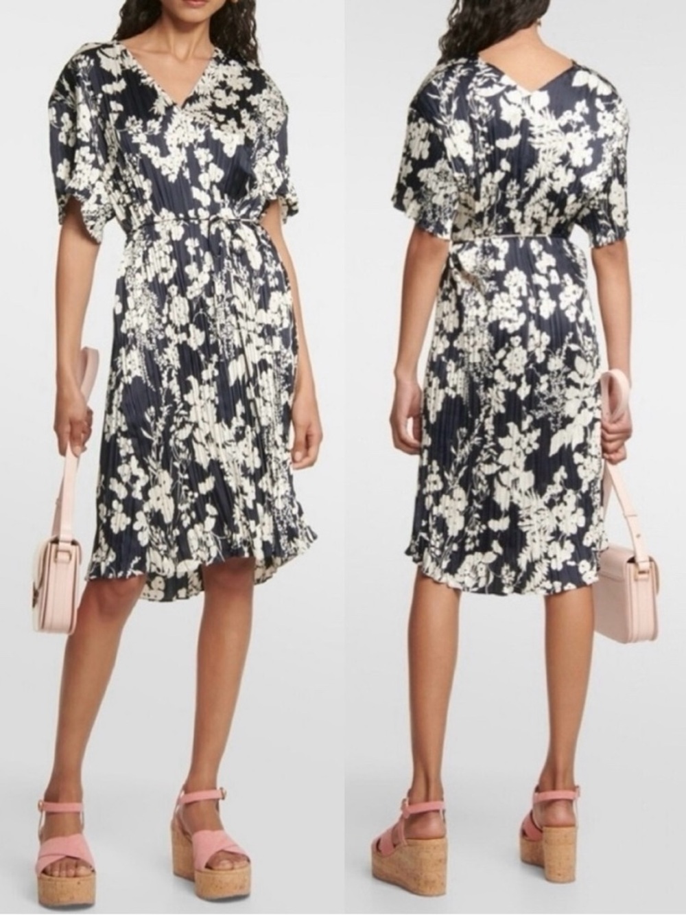 NWT Vince Arboretum Floral Crinkled Satin Dress In Coastal Blue